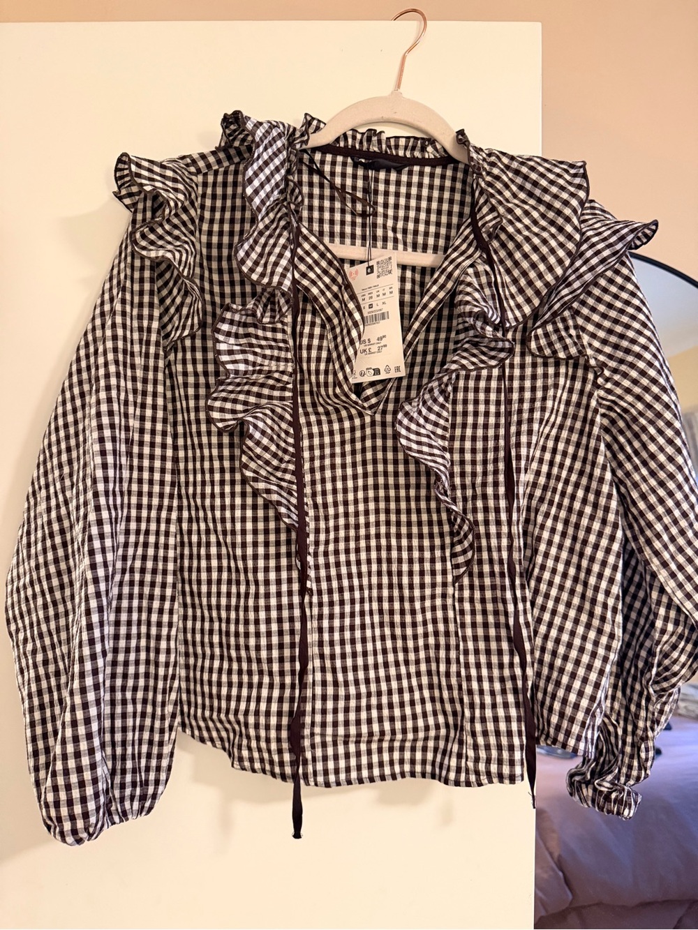 Zara Black and White Gingham Tie-Neck Blouse